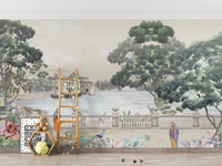 Retro Vintage River City wallpaper mural styled along a hallway feature wall near a console in a multicolour palette
