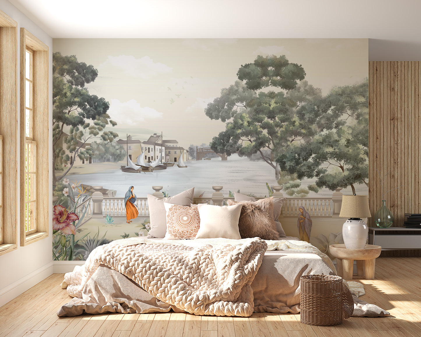 Retro Vintage River City wallpaper mural as a bedroom feature wall behind the headboard in a multicolour palette
