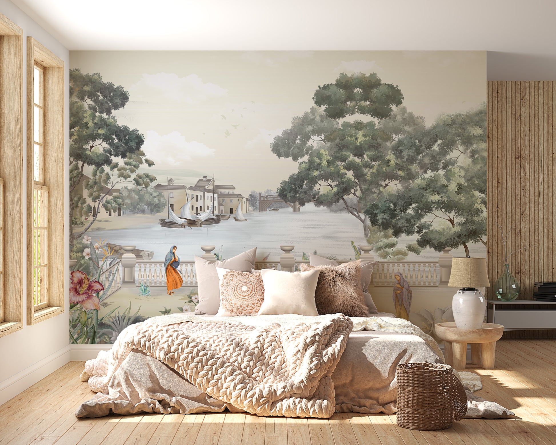 Retro Vintage River City wallpaper mural as a bedroom feature wall behind the headboard in a multicolour palette