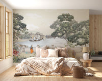 Retro Vintage River City wallpaper mural as a bedroom feature wall behind the headboard in a multicolour palette