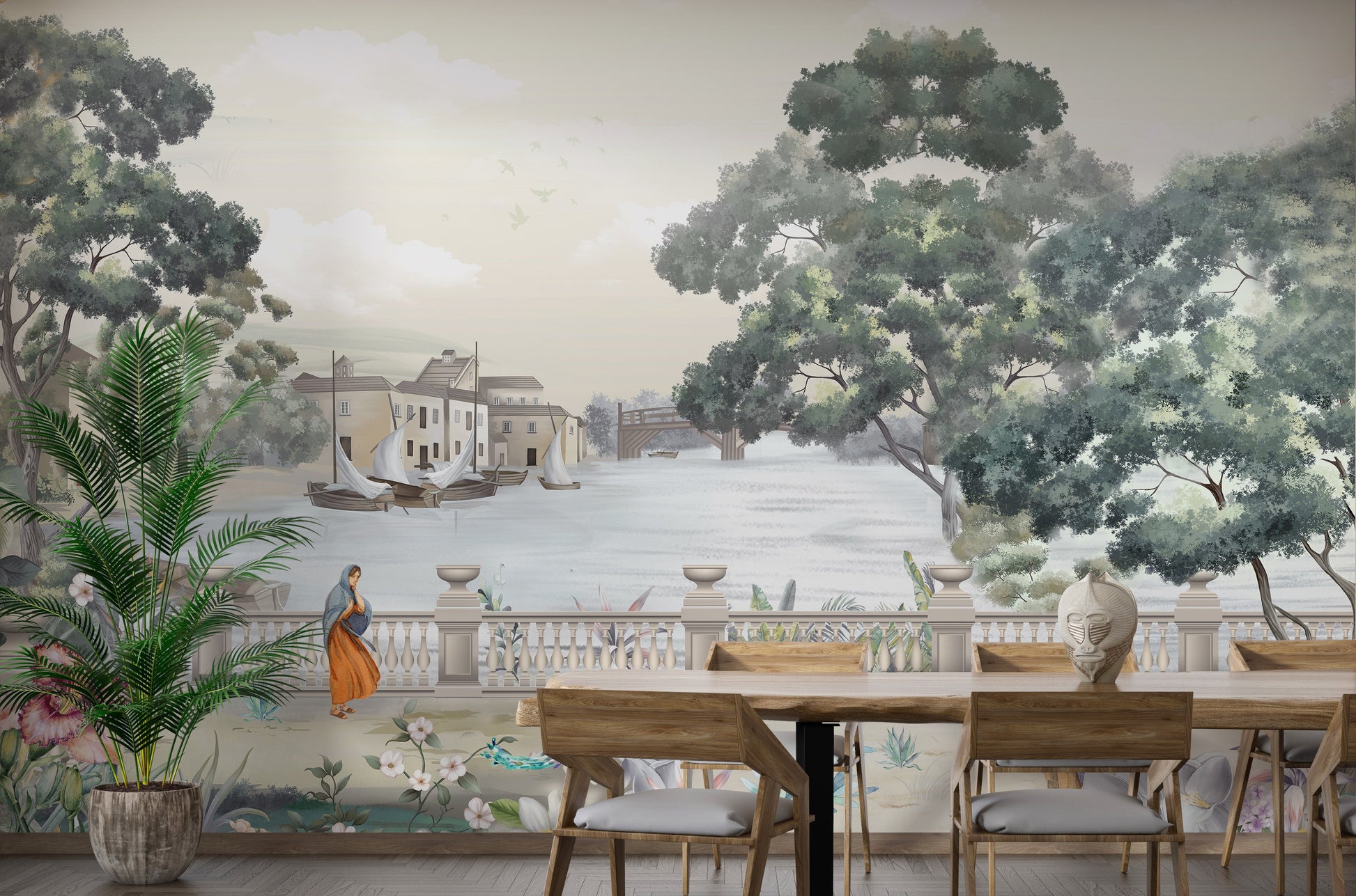 Retro Vintage River City wallpaper mural styled as a living room feature wall behind a sofa and seating