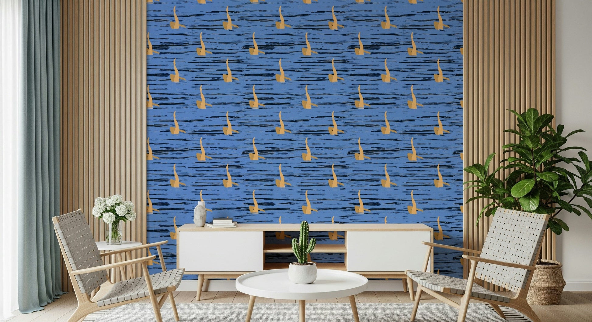 Dynamic wallpaper mural featuring blue wave-like lines and golden floating motifs.