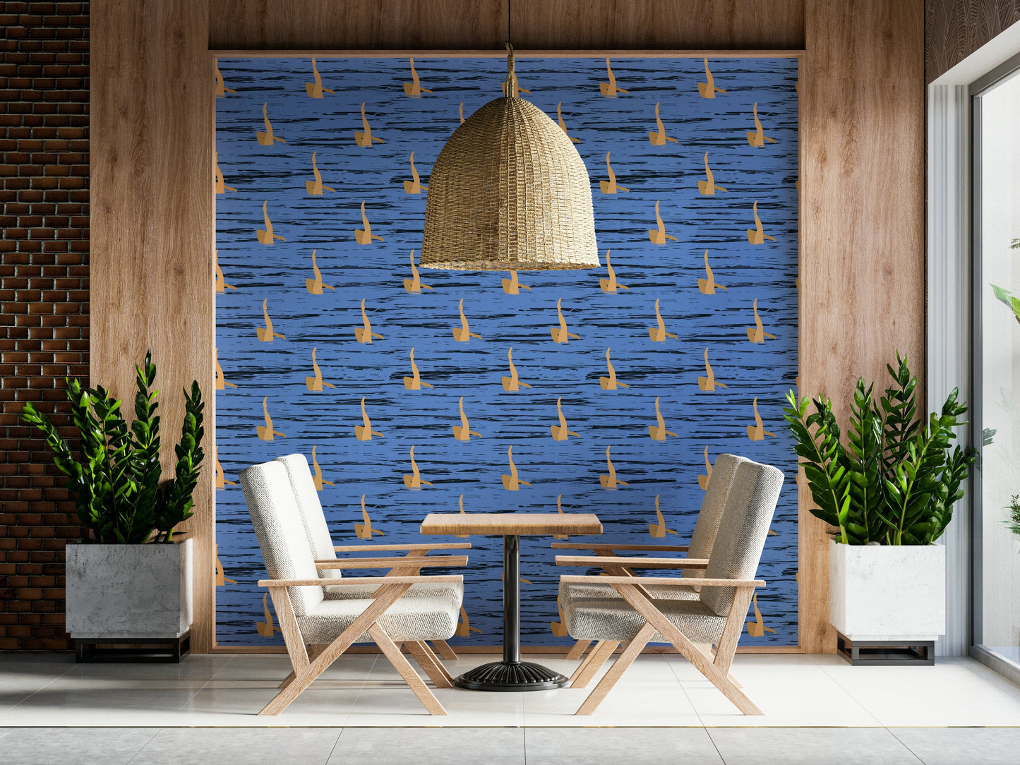 Artistic wallpaper mural with rhythmic water-inspired blue textures and warm golden details.