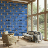 Contemporary wallpaper mural with flowing blue water lines and repeating gold accent shapes.