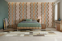 A peaceful wall mural with a retro, flowing design.

