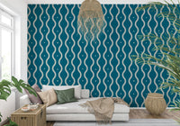 Retro Waves Teal geometric fabric look textured print wall mural.