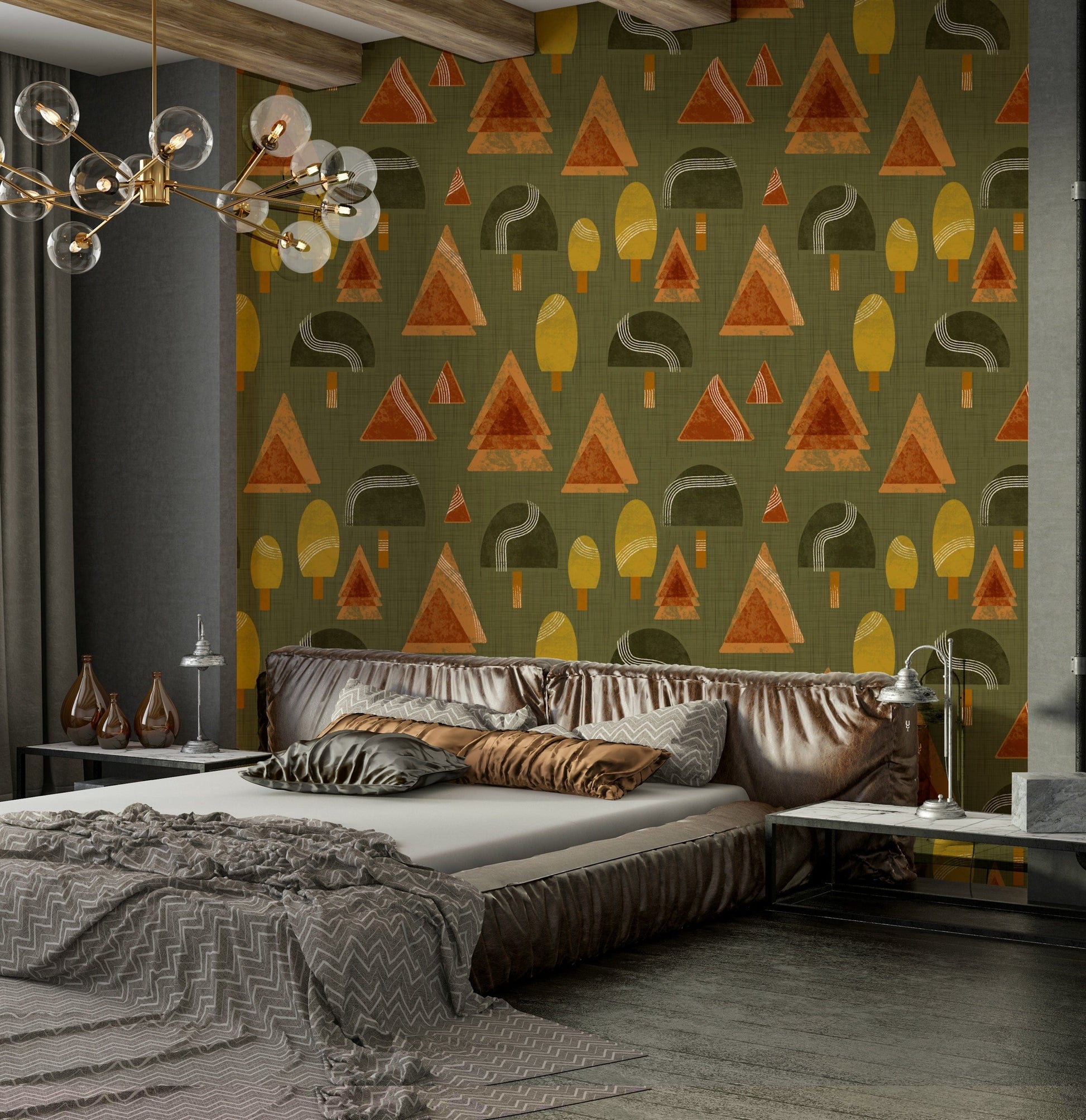 A peaceful retro geometric mural on decorative wallpaper.

