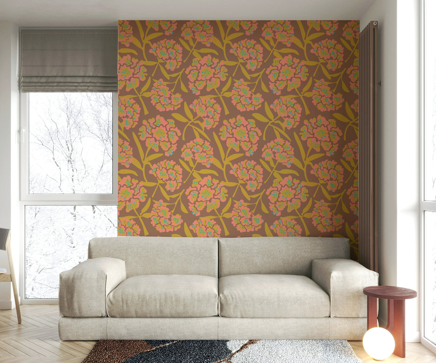 Living room retro floral wallpaper

