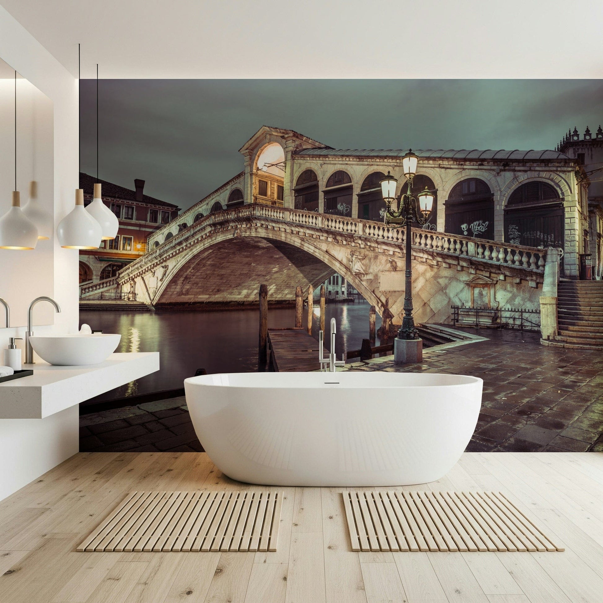Wet cobblestone street, old streetlamp, stunning Rialto Bridge wall décor, Italy scene.