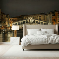 Venice night cityscape mural in home office, tidy desk area and muted tones