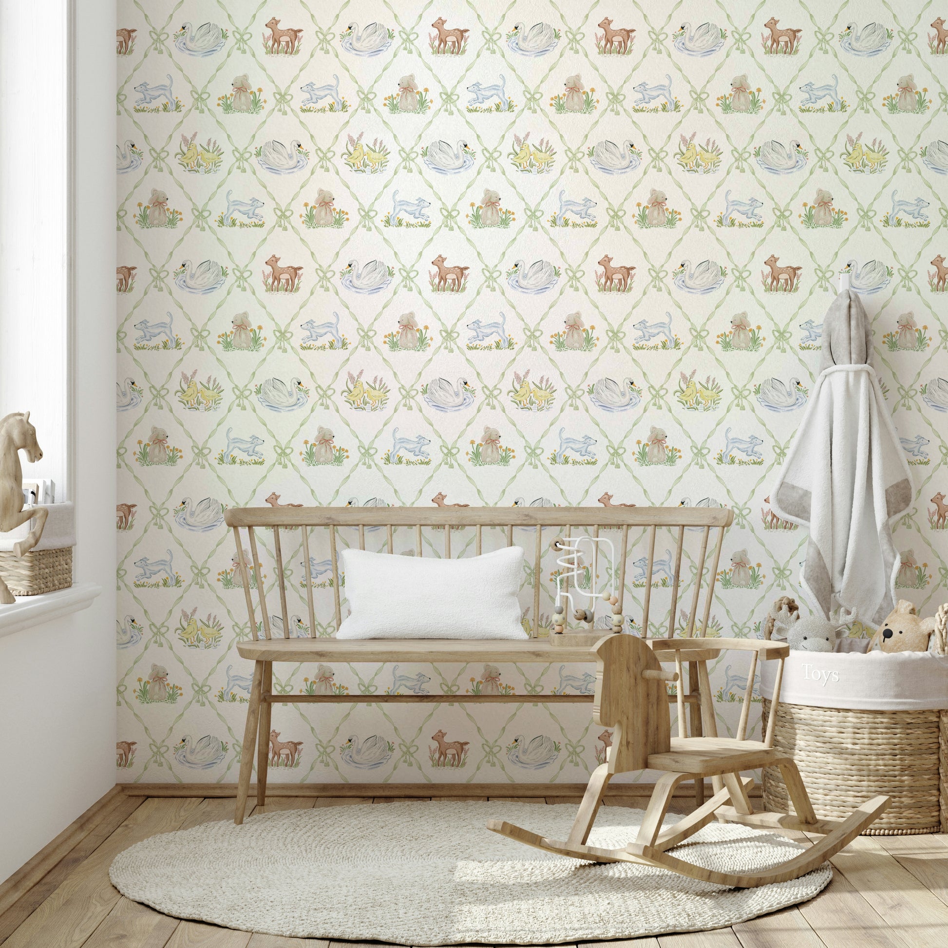 Bright and fun Ribbon & Bow Animal Paradise wallpaper in nursery

