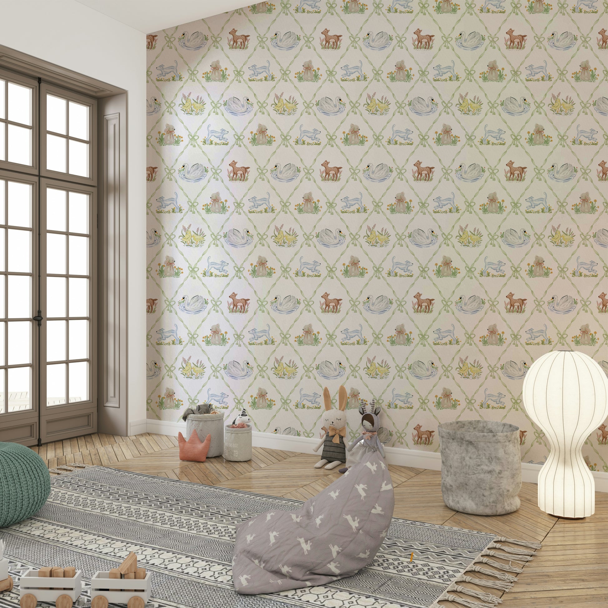 Ribbon & Bow wallpaper showing jungle animals and greenery

