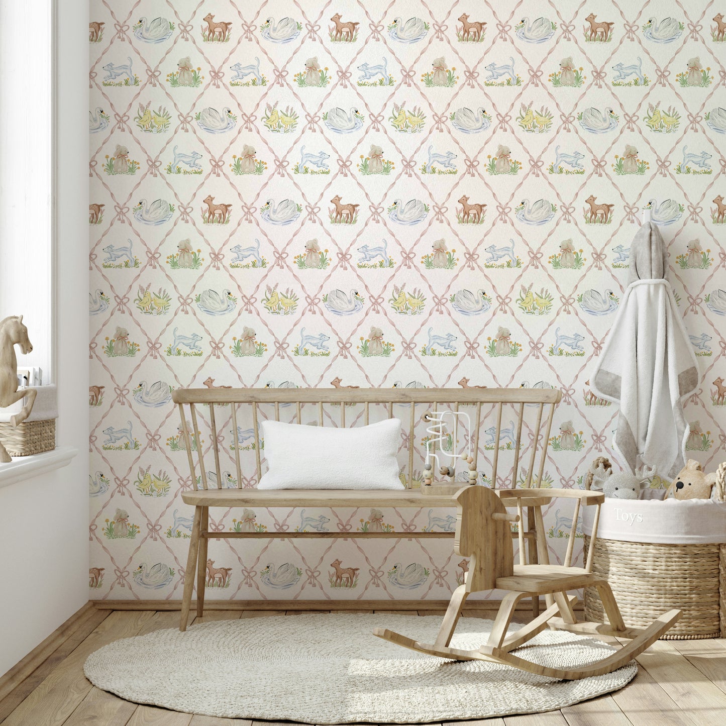 Sweet ribbon motif wallpaper for nursery wall styling

