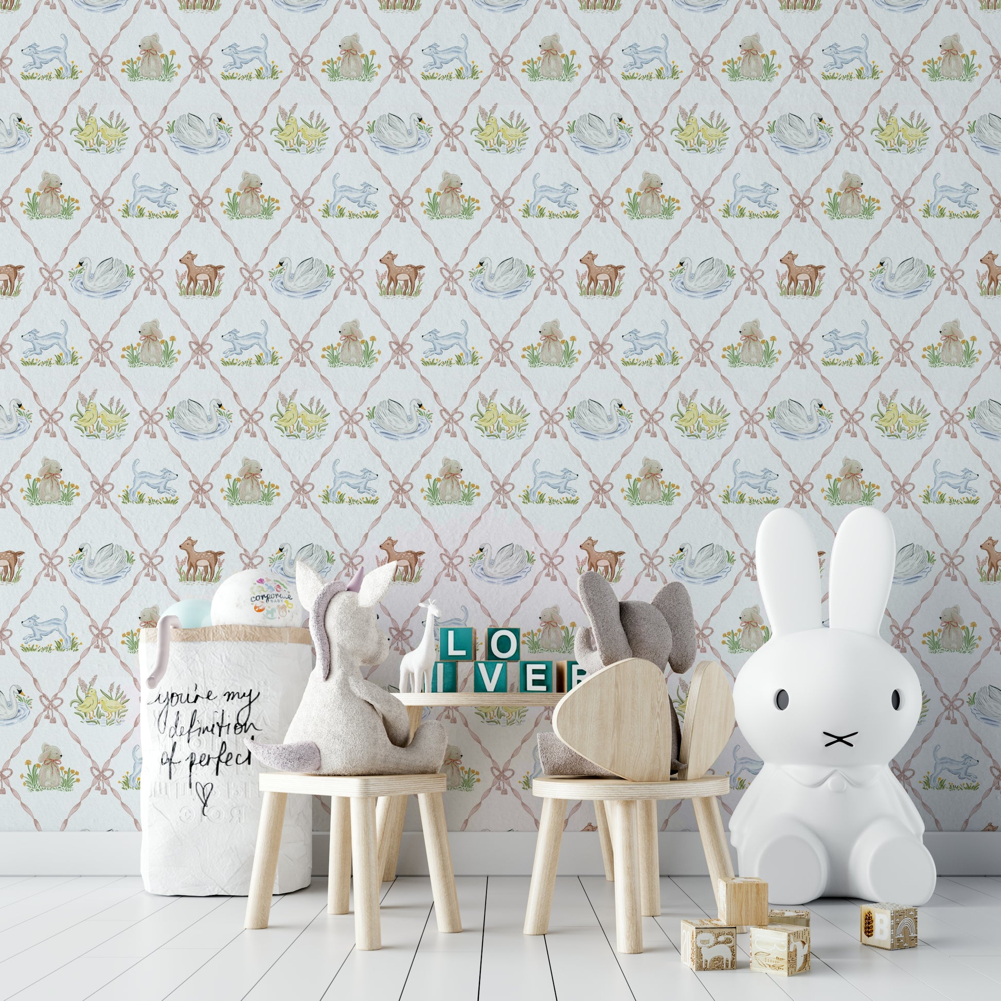 Cute ribbon and rhyme themed wallpaper for nursery decor

