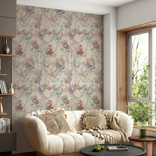 Ribbon Rose Serenade Chinoiserie wall mural vintage floral bouquets.