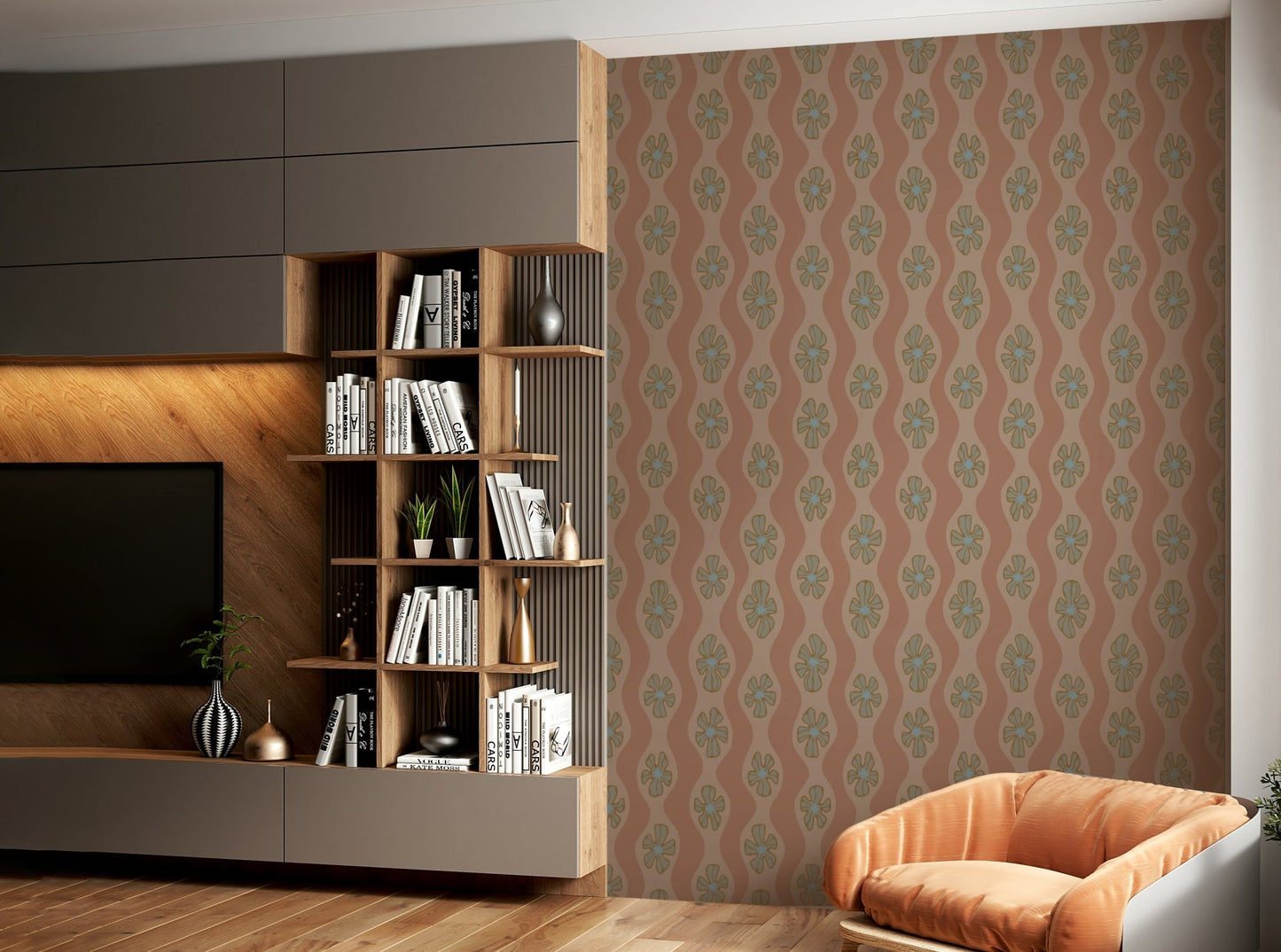Retro flower wallpaper with mid-century wavy stripes

