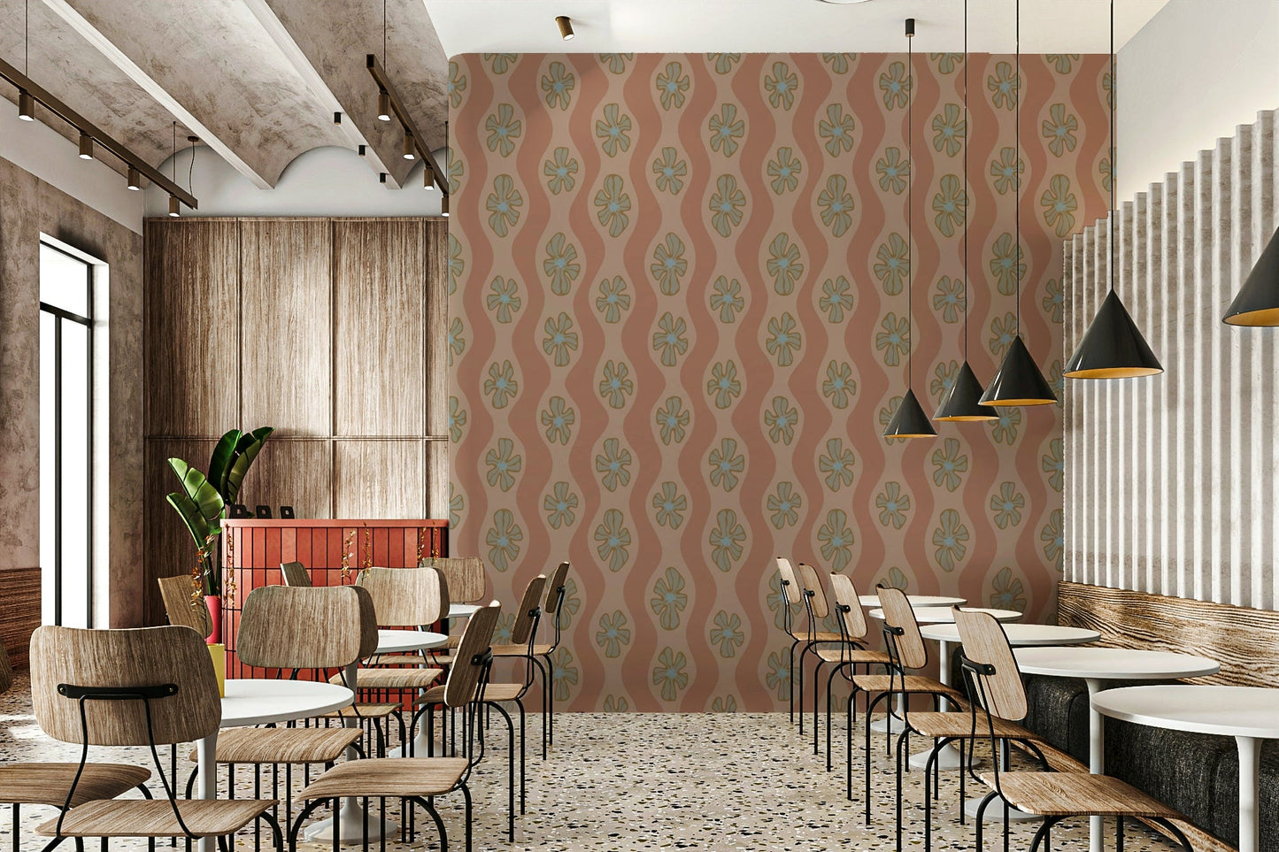 Retro floral wallpaper with soft wavy stripes

