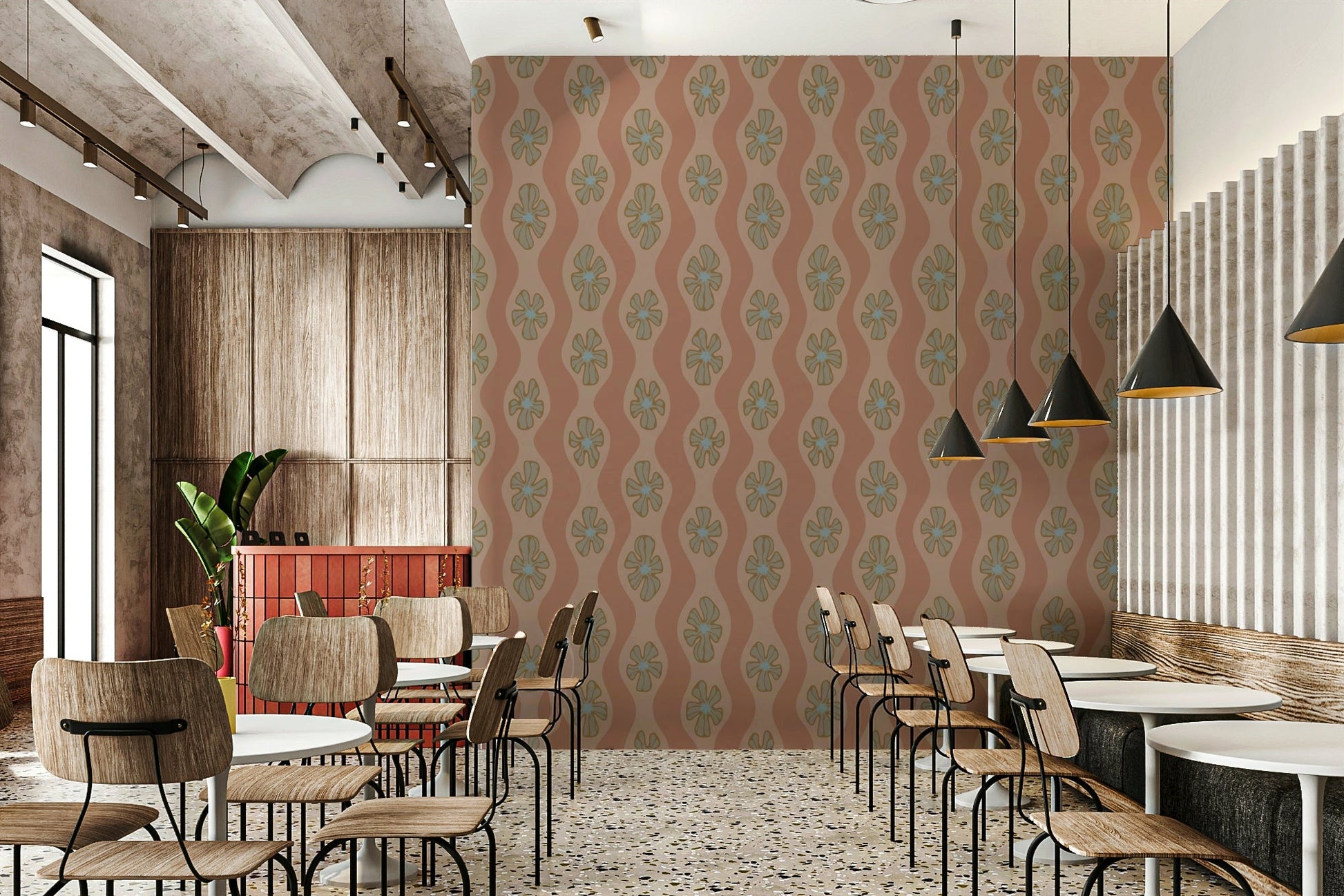 Retro floral wallpaper with soft wavy stripes

