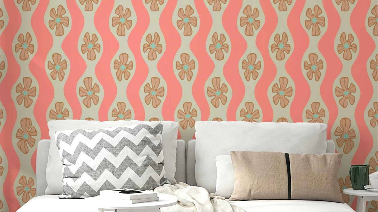 Cottage-style wallpaper with retro floral waves

