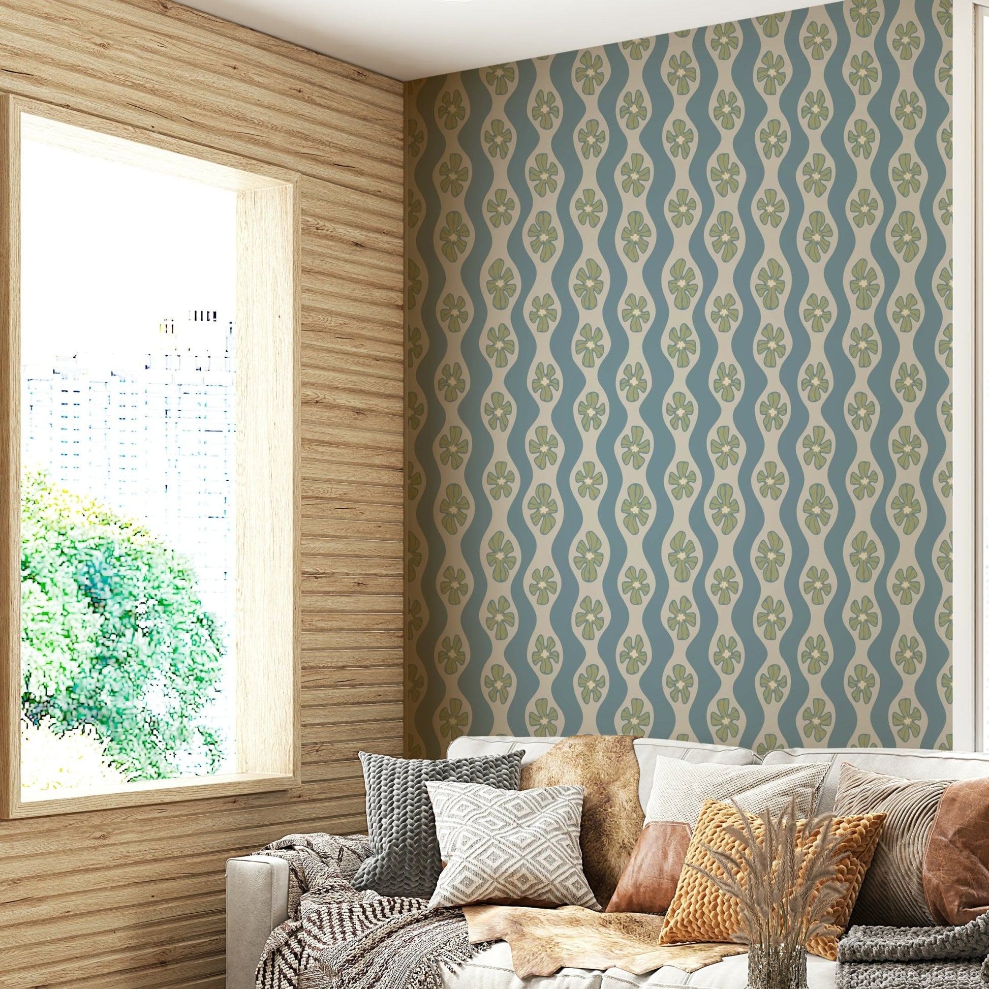 Light blue vintage floral wallpaper with ripple pattern

