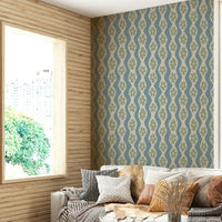 Light blue vintage floral wallpaper with ripple pattern

