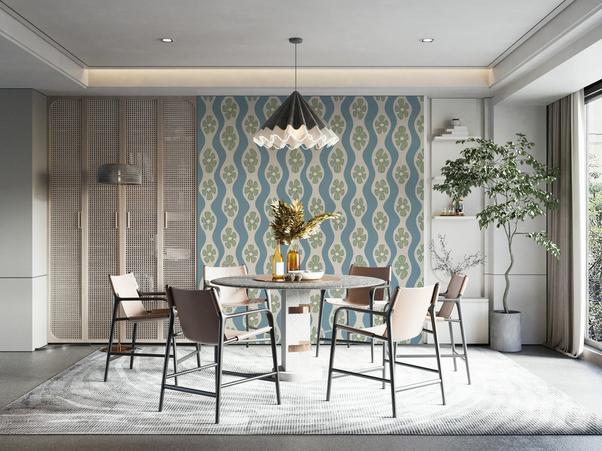 Light blue wavy stripe wallpaper with vintage flowers

