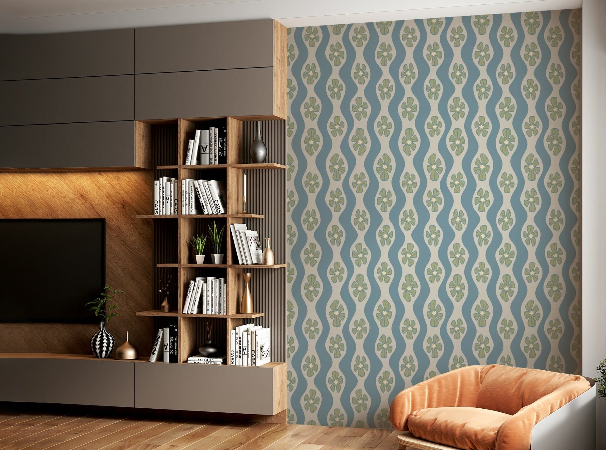 Retro floral wallpaper in pastel blue and white

