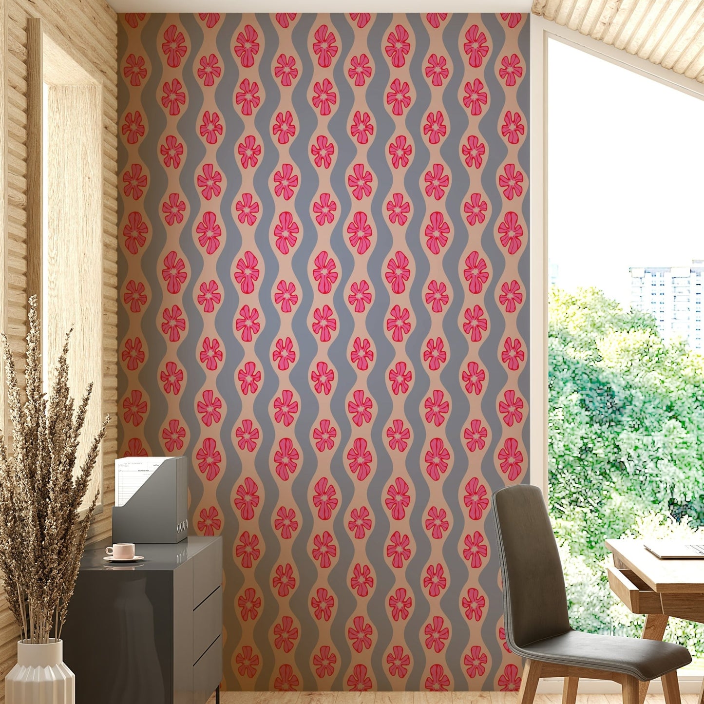 Cottage-style wallpaper with lavender floral pattern


