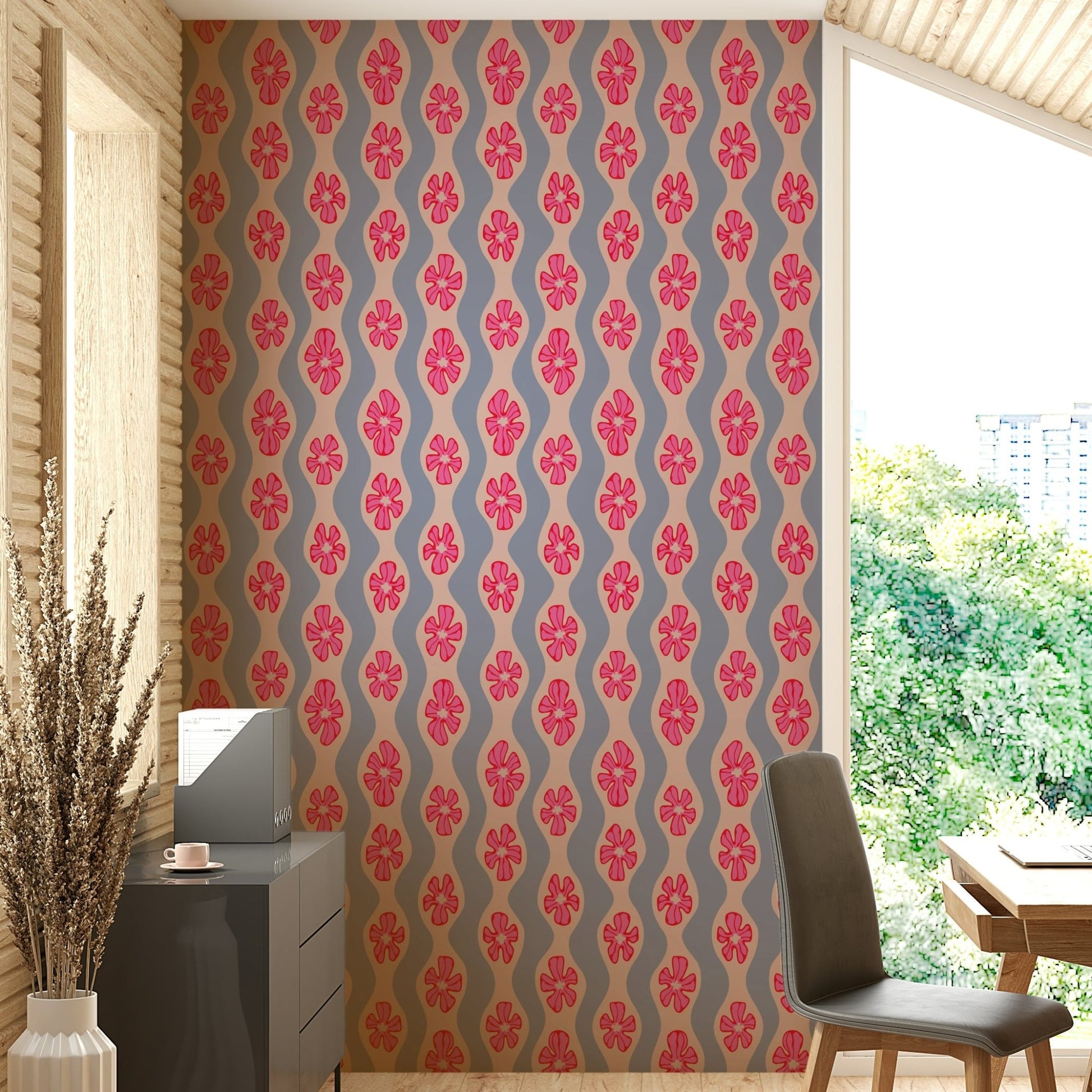 Cottage-style wallpaper with lavender floral pattern

