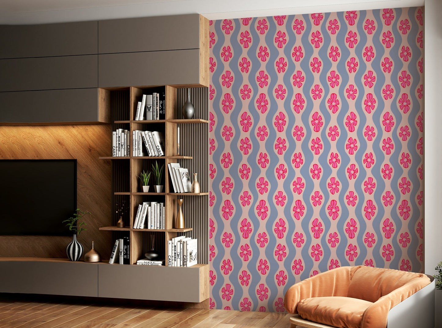 Pink and lavender floral wallpaper with vintage charm

