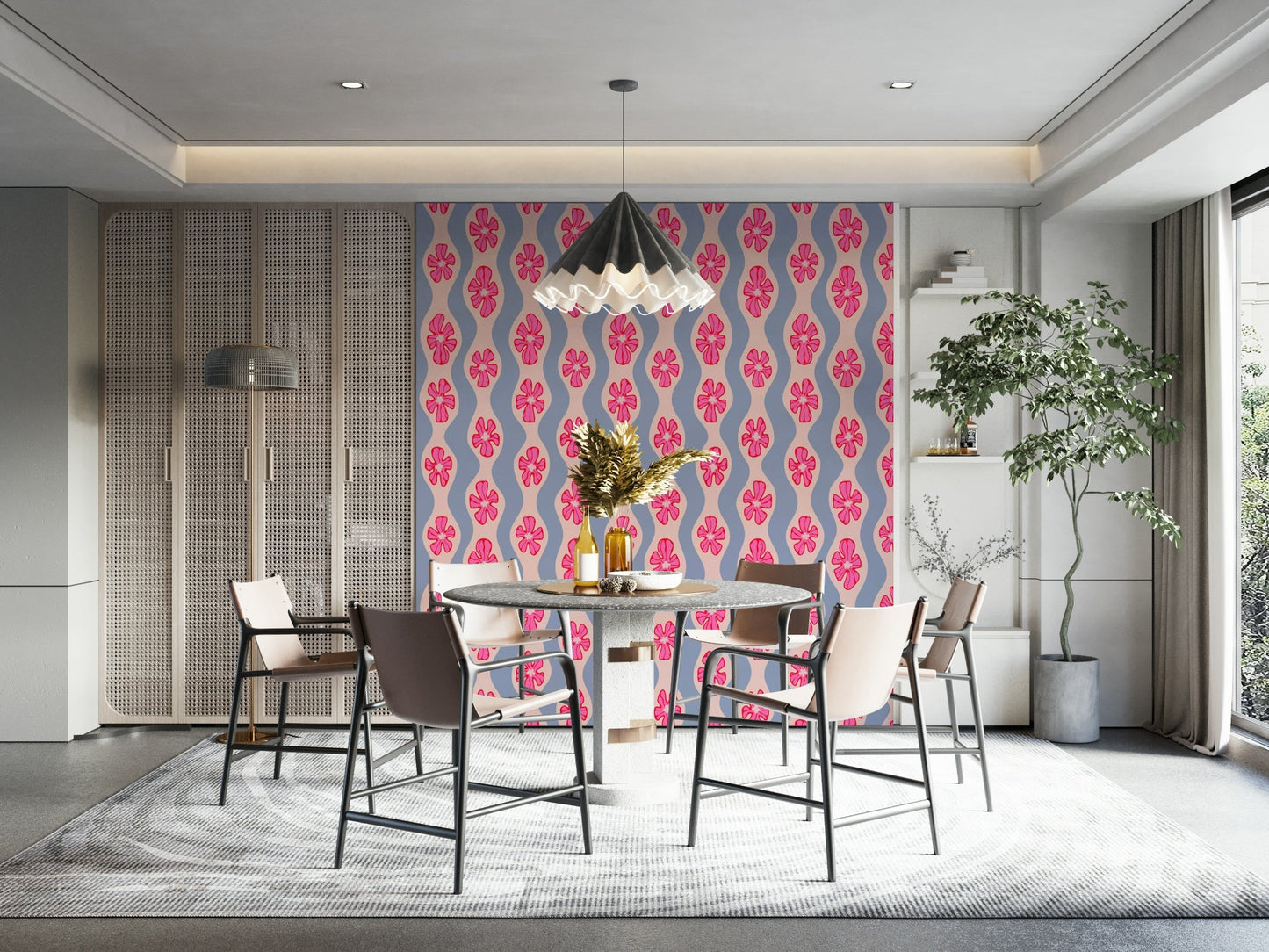 Retro flower wallpaper with mid-century wavy stripes

