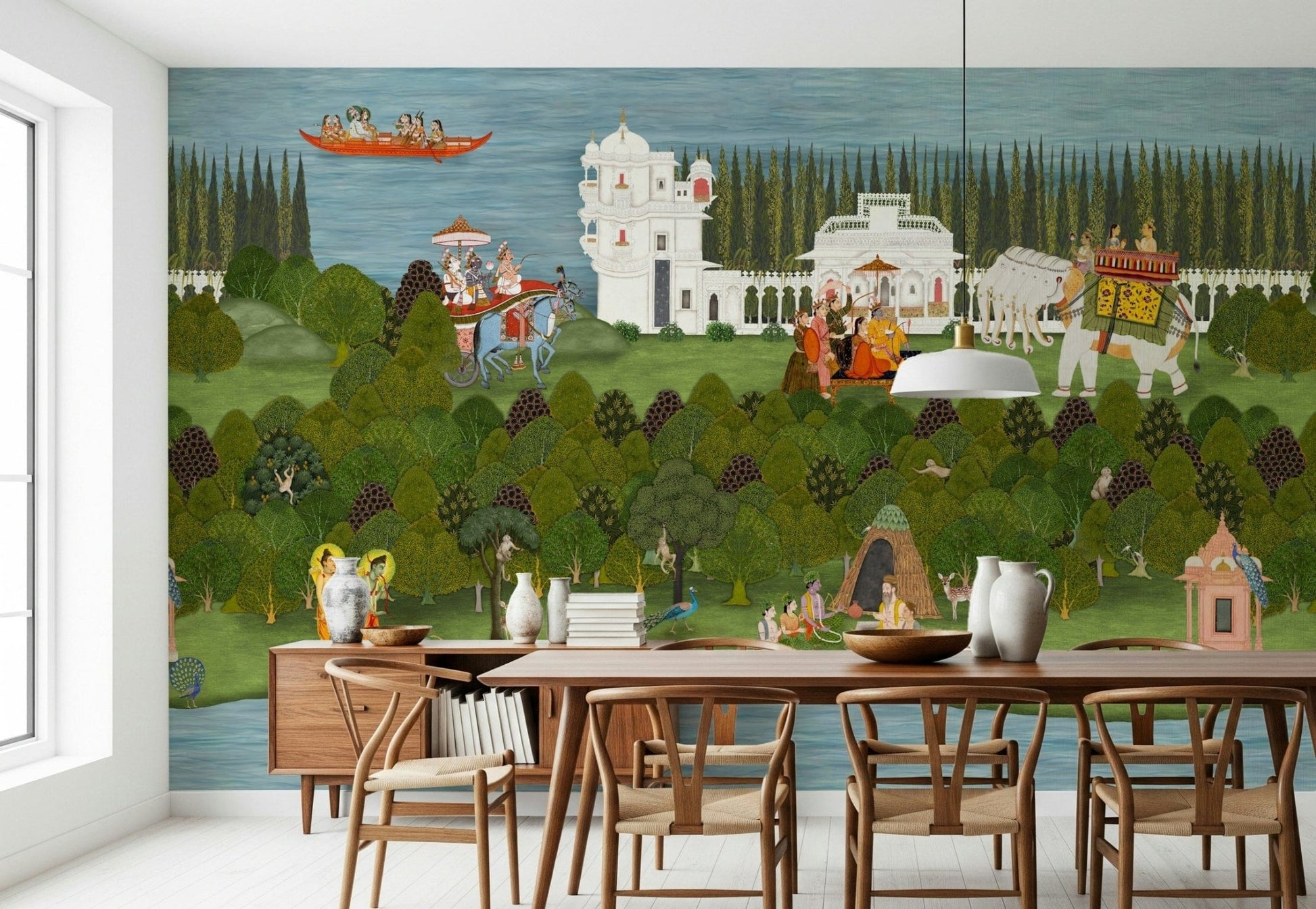 Indian miniature art style mural with storytelling landscape details