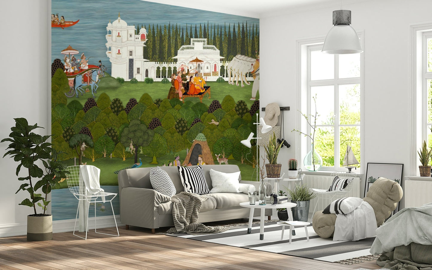 Traditional mural art depicting spiritual gatherings near a river