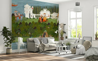Traditional mural art depicting spiritual gatherings near a river