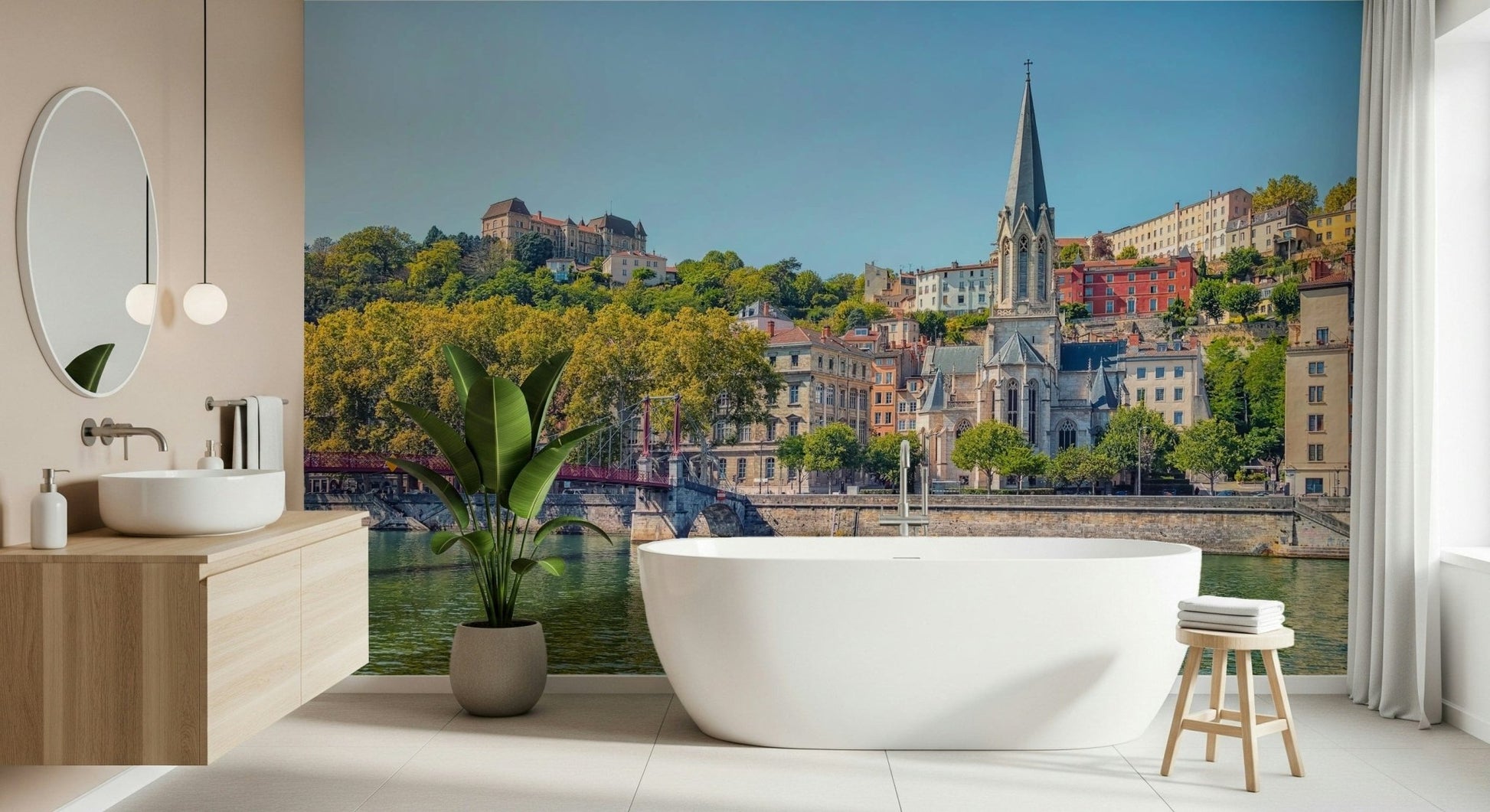 Lyon waterfront mural in home office, clean styling backdrop