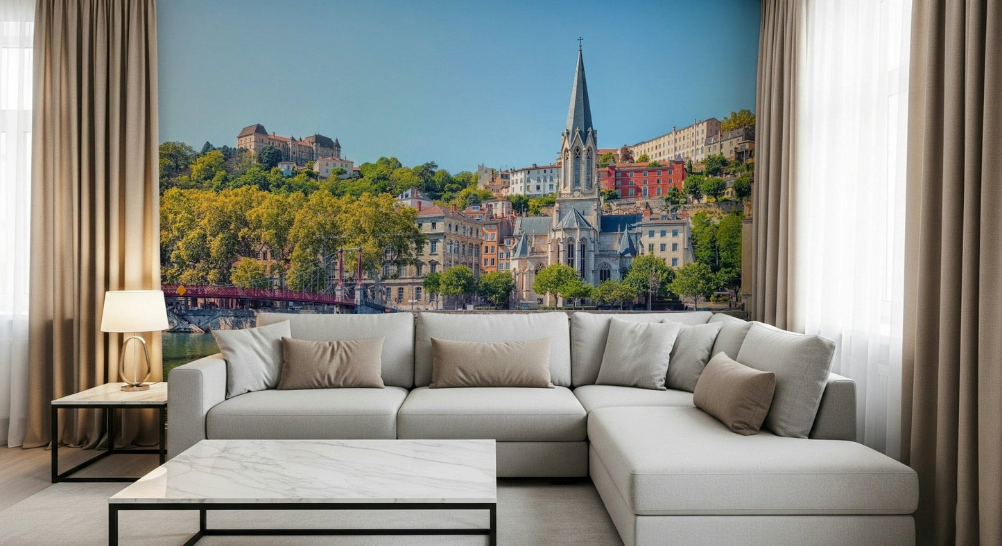 Lyon riverside feature wall mural, calm colours and detail