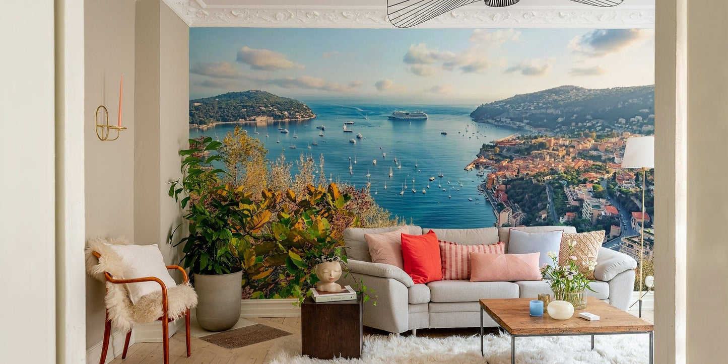 A peaceful coastal scene mural on decorative wallpaper.

