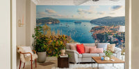 A peaceful coastal scene mural on decorative wallpaper.

