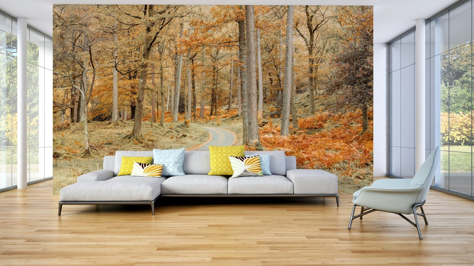 Tranquil road through trees wall mural

