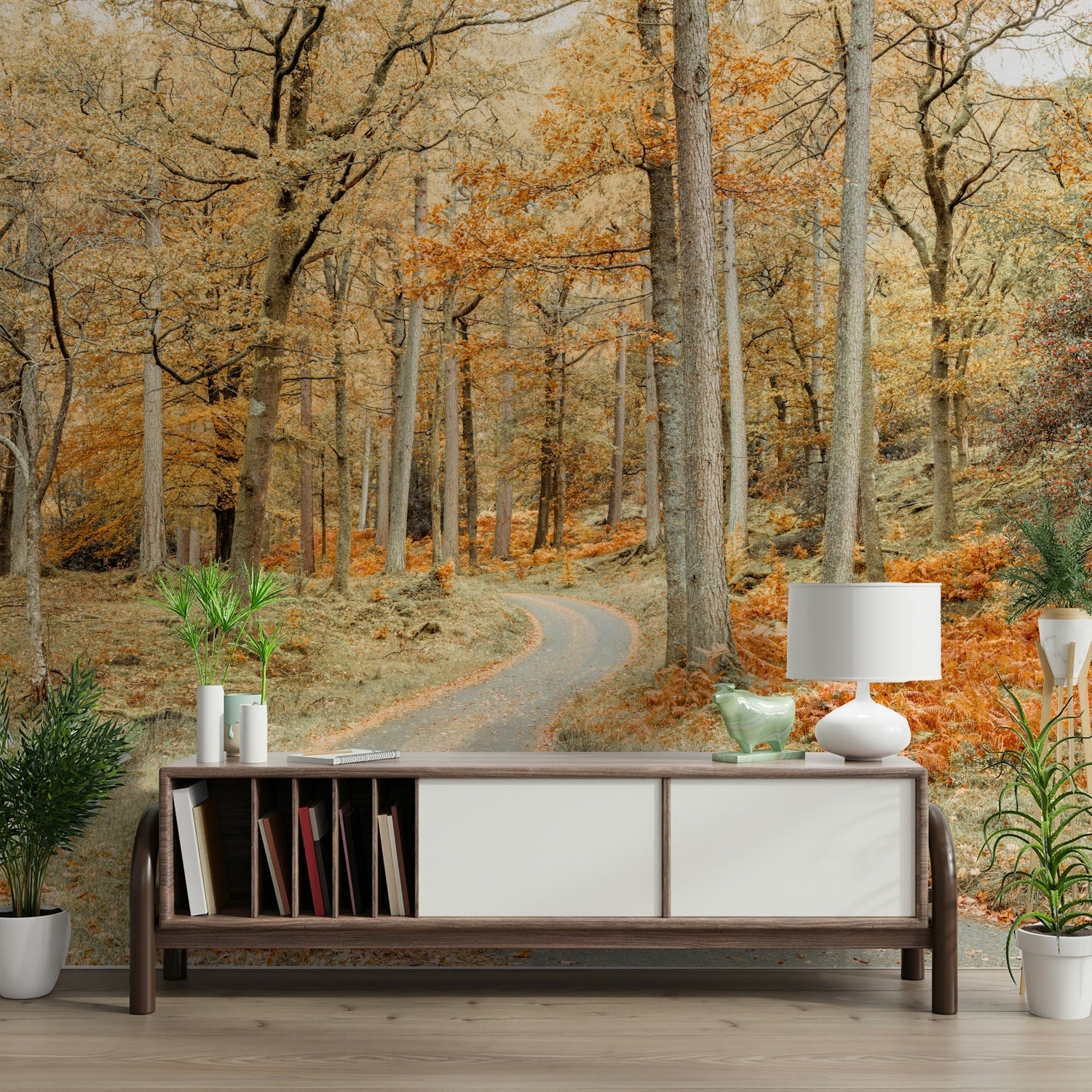 Fall forest mural with soft earthy tones

