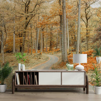 Fall forest mural with soft earthy tones

