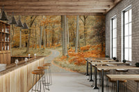 Quiet forest path wall mural with fall colors

