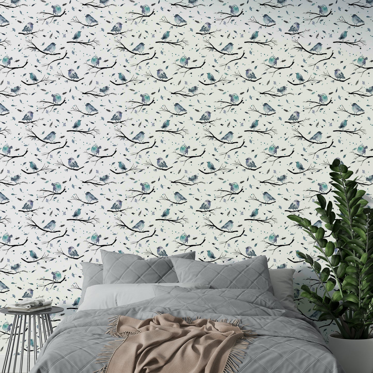 Artistic robin and branch wallpaper in aqua hues

