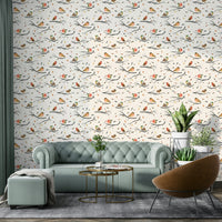 Rustic wallpaper with robins and bare branches

