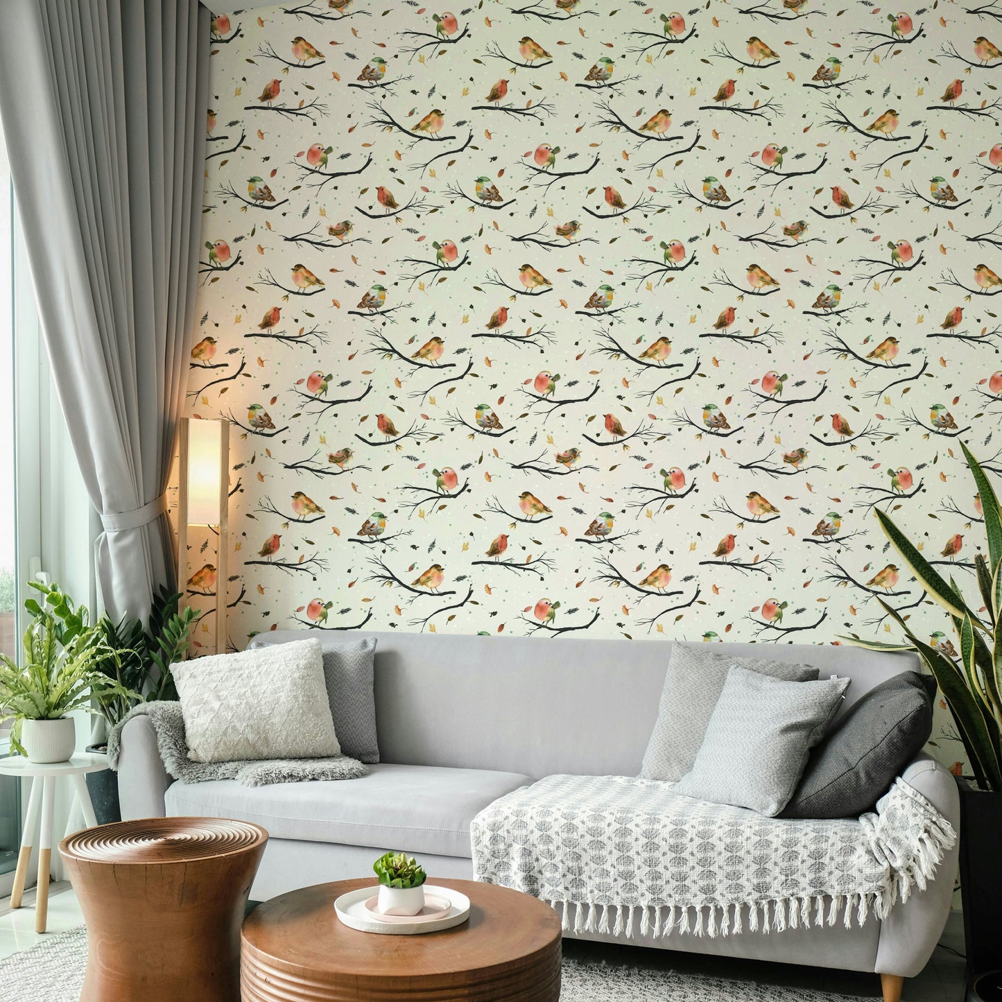Robin-themed wallpaper with branch details

