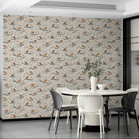 Woodland wallpaper with red birds and twigs

