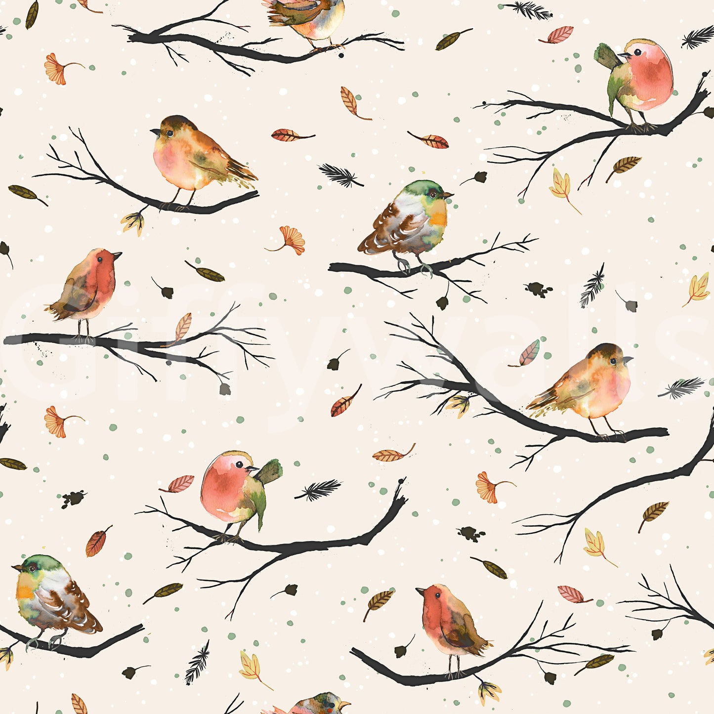 Birds Branches Robin Red wallpaper close-up showing watercolor robins with orange breasts on dark branches over cream
