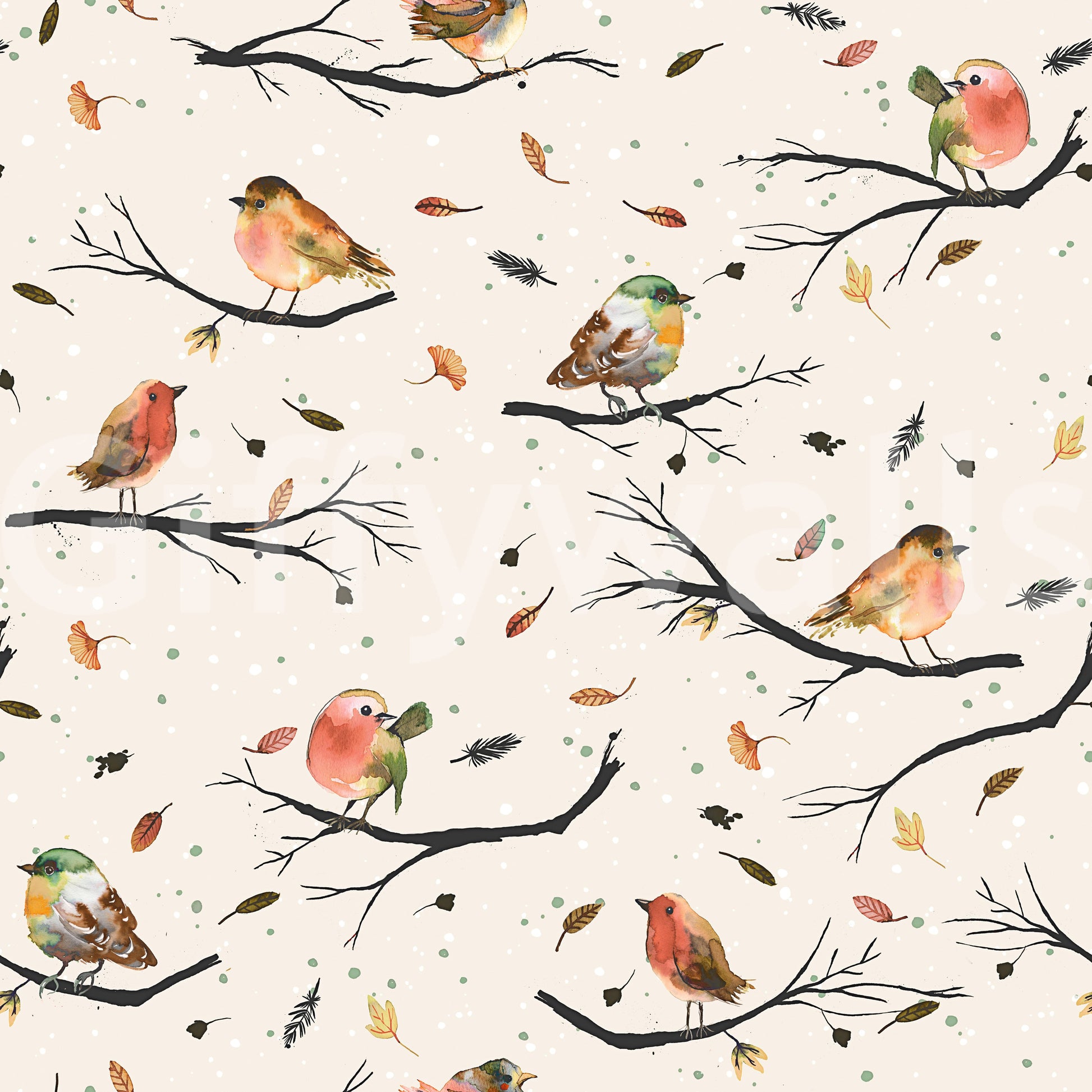 Birds Branches Robin Red wallpaper close-up showing watercolor robins with orange breasts on dark branches over cream
