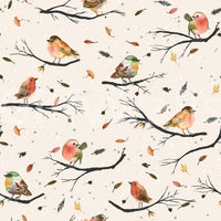 Birds Branches Robin Red wallpaper close-up showing watercolor robins with orange breasts on dark branches over cream