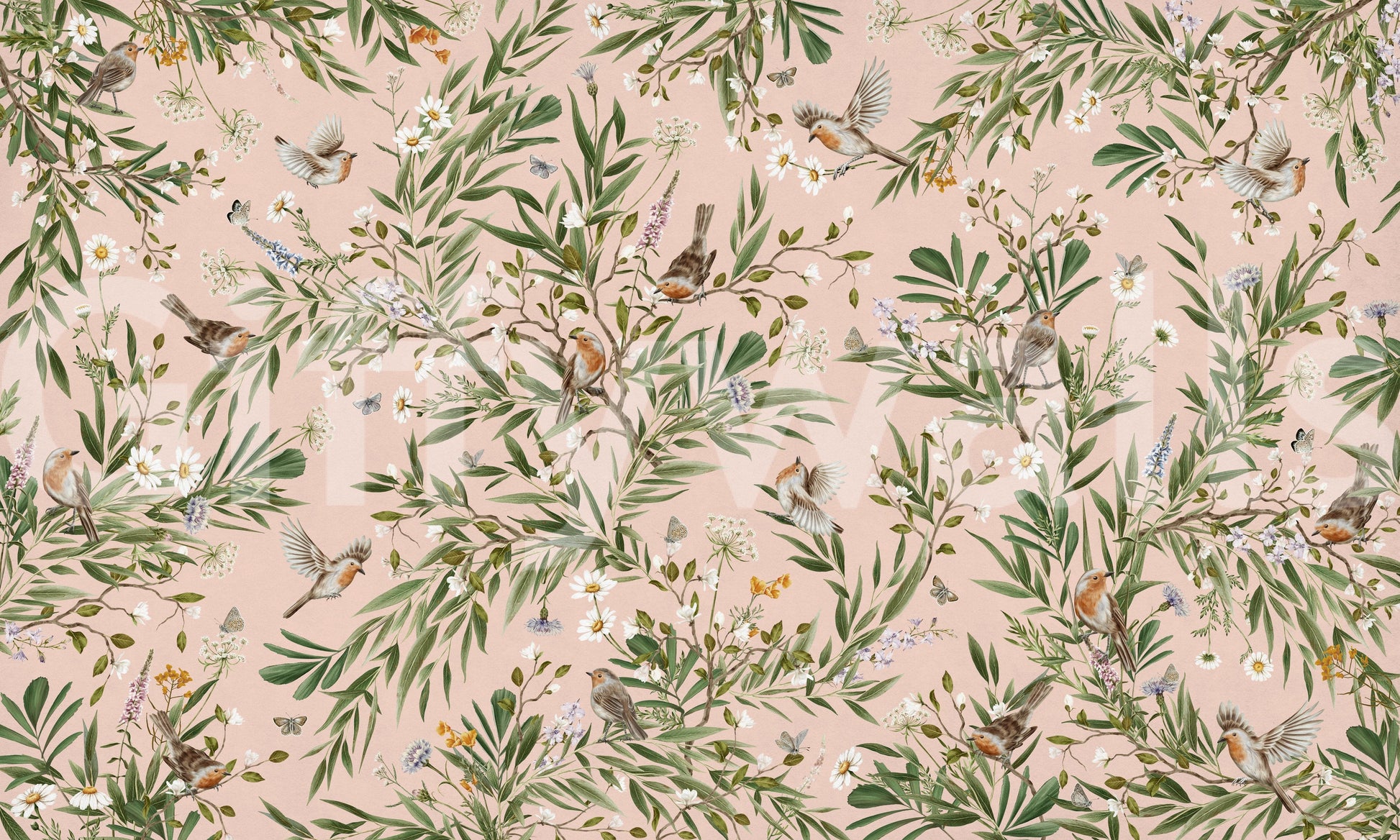 Floral mural with robin details for a powder room, adding color without busy patterns